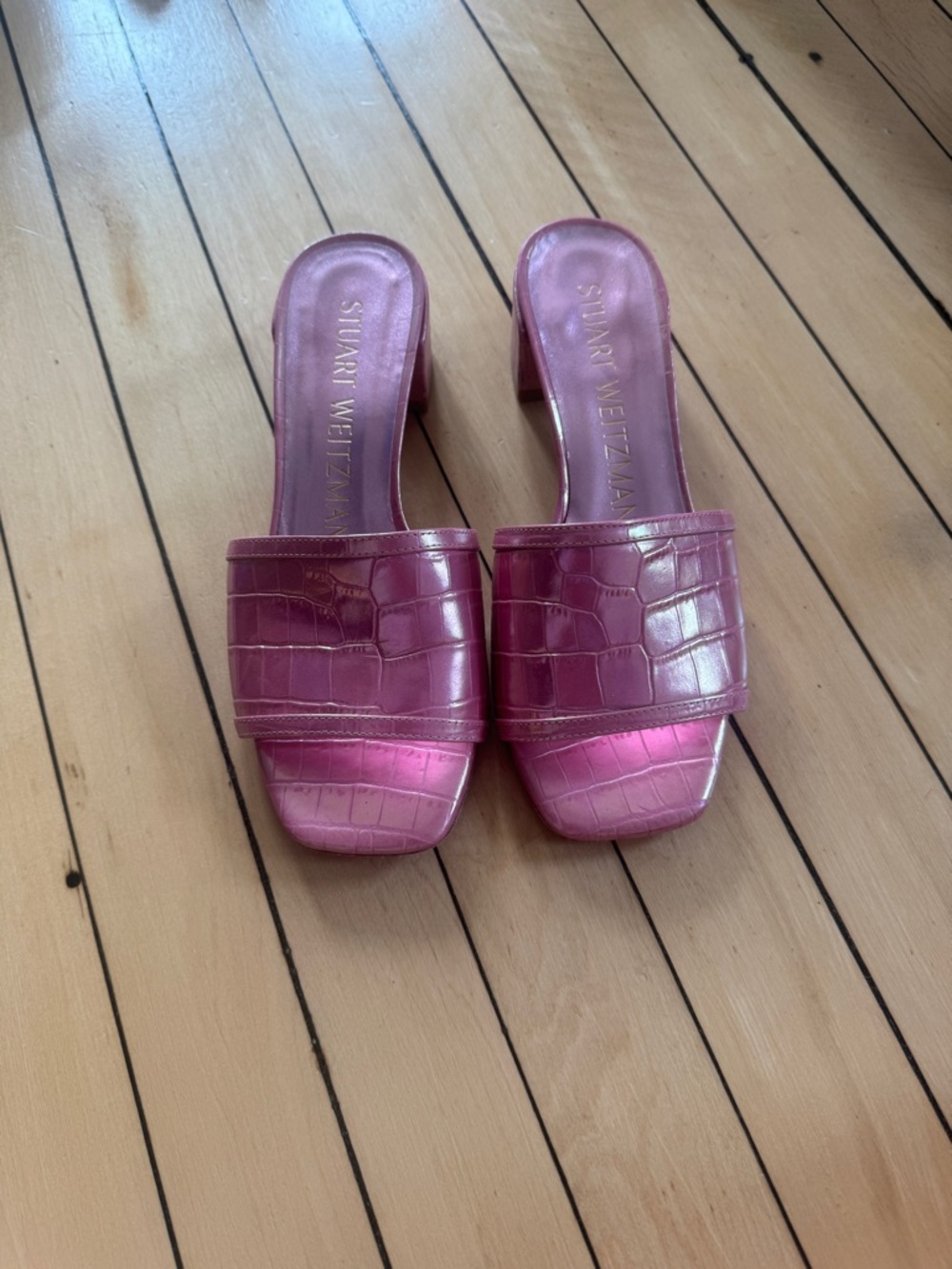 Stuart Weitzman Cayman Pink Croc-Embossed Slide Heels